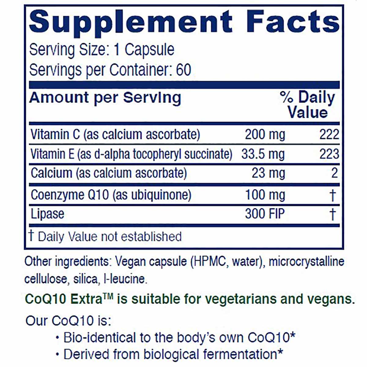 Supplement Facts label for CoQ10 Extra showing serving size of 1 capsule, 60 servings per container, with nutritional informa
