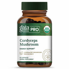 Gaia Herbs Pro Cordyceps Mushroom supplement bottle with green cap and label, containing 60 dark capsules.