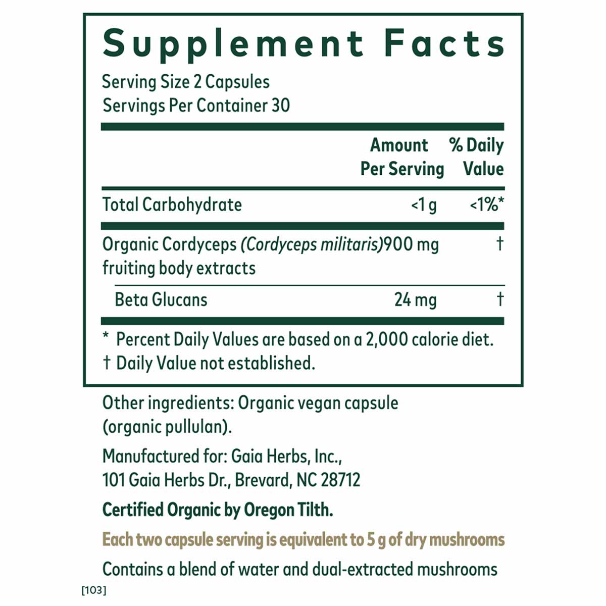 Supplement Facts label for Gaia Herbs Cordyceps mushroom capsules showing 900mg organic cordyceps per serving and 24mg beta g