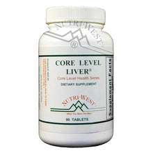 White plastic bottle labeled "Core Level Liver" dietary supplement by Nutri-West containing 90 tablets.