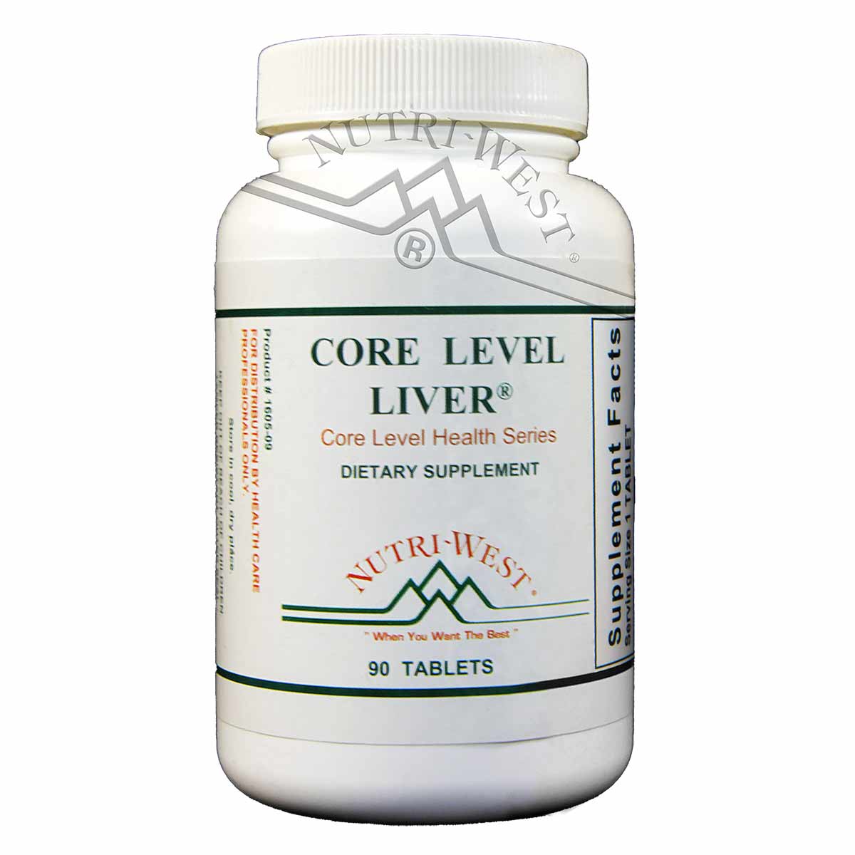 White plastic bottle labeled "Core Level Liver" dietary supplement by Nutri-West containing 90 tablets.