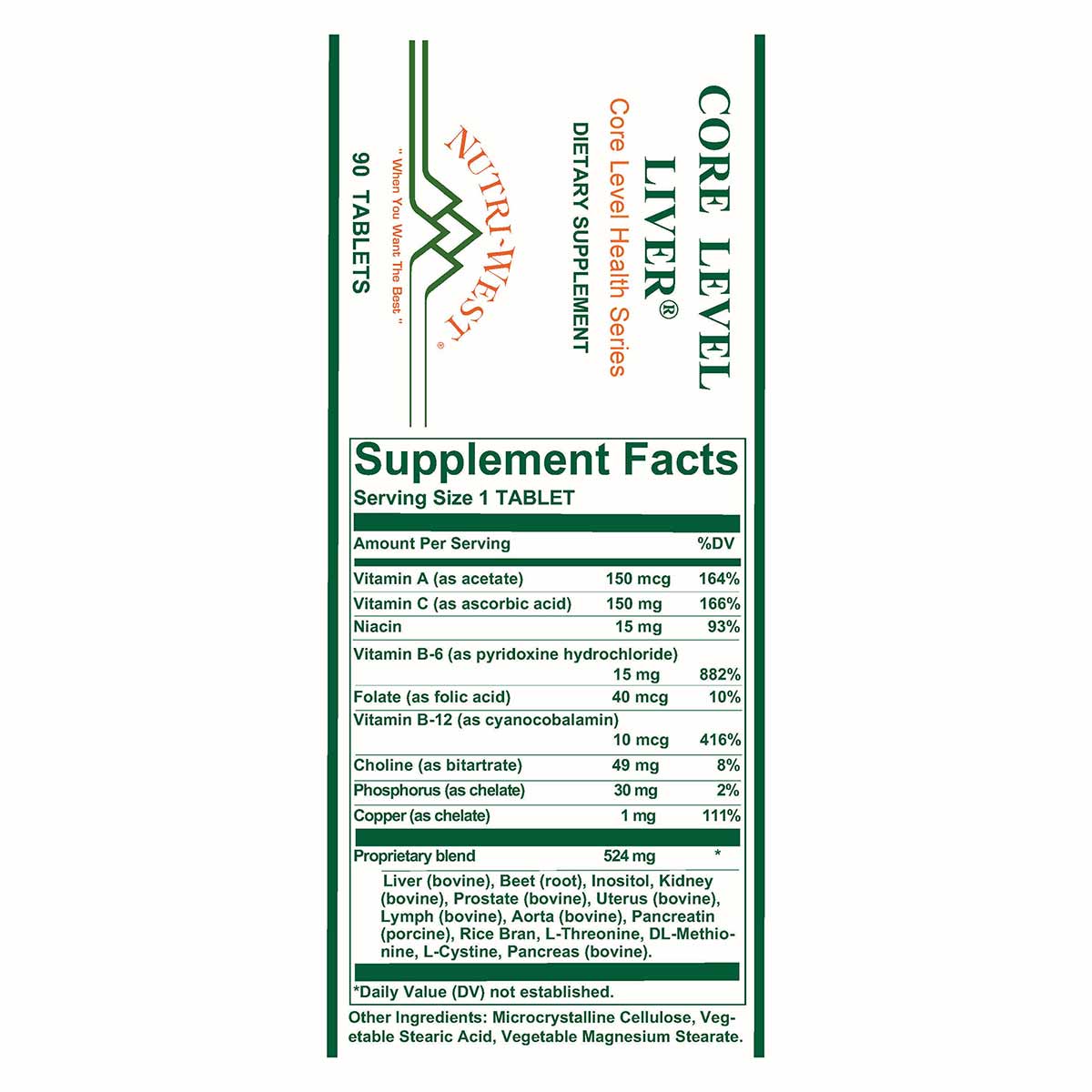 Bottle of Core Level Liver dietary supplement tablets with green and white label showing nutrition facts and ingredient infor