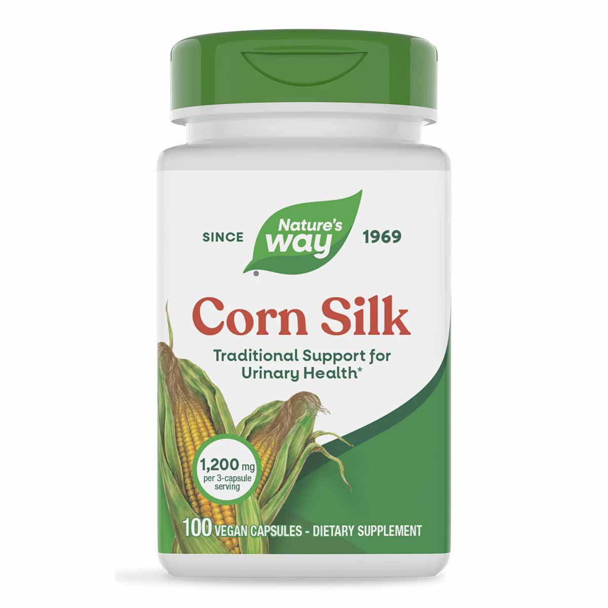 Nature's Way Corn Silk dietary supplement bottle with green cap containing 100 vegan capsules.