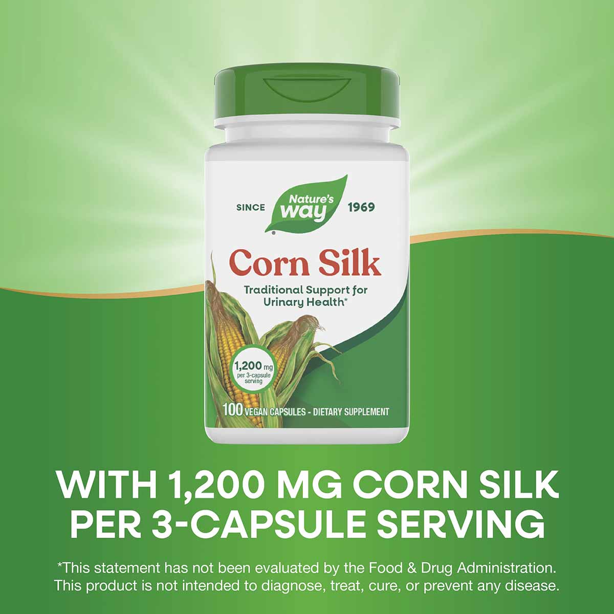 Nature's Way Corn Silk dietary supplement bottle with green cap containing 100 vegan capsules.