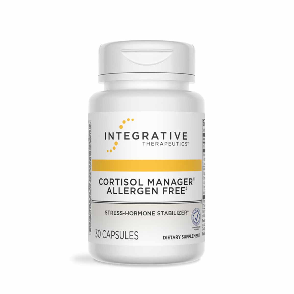 White bottle of Integrative Therapeutics Cortisol Manager Allergen Free dietary supplement containing 30 capsules.