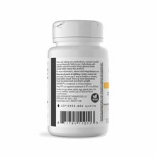White supplement bottle with white cap, label with black text and vegan certification seal.