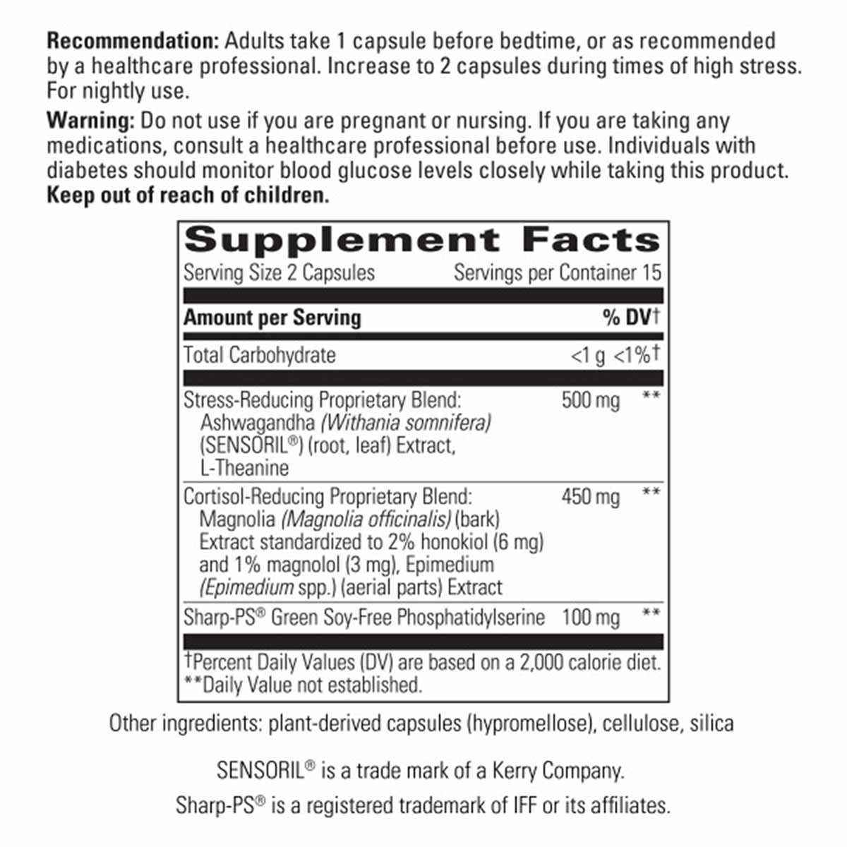 Supplement Facts label showing dosage, ingredients including ashwagandha, magnolia extract, and phosphatidylserine, with usag