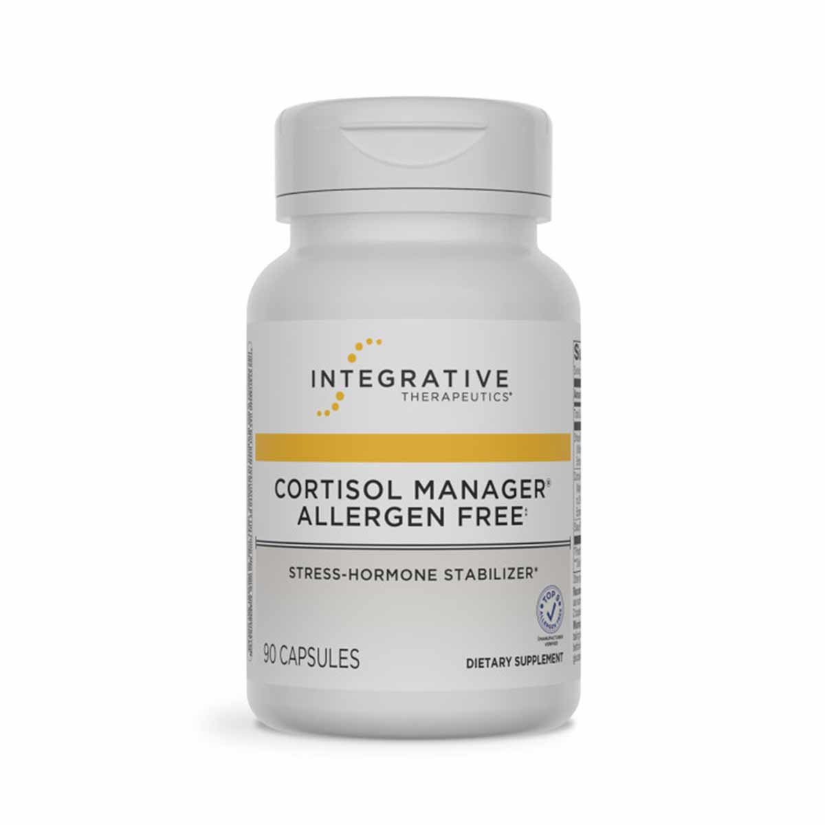 White supplement bottle labeled Cortisol Manager Allergen Free by Integrative Therapeutics, containing 90 capsules.