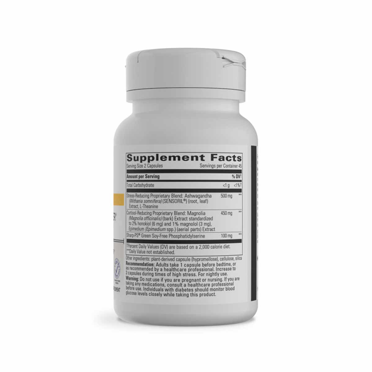 White supplement bottle with gray cap and black label showing Supplement Facts panel for Cortisol Manager.