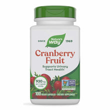 White and green bottle of Nature's Way Cranberry Fruit dietary supplement with green cap, containing 100 vegan capsules.