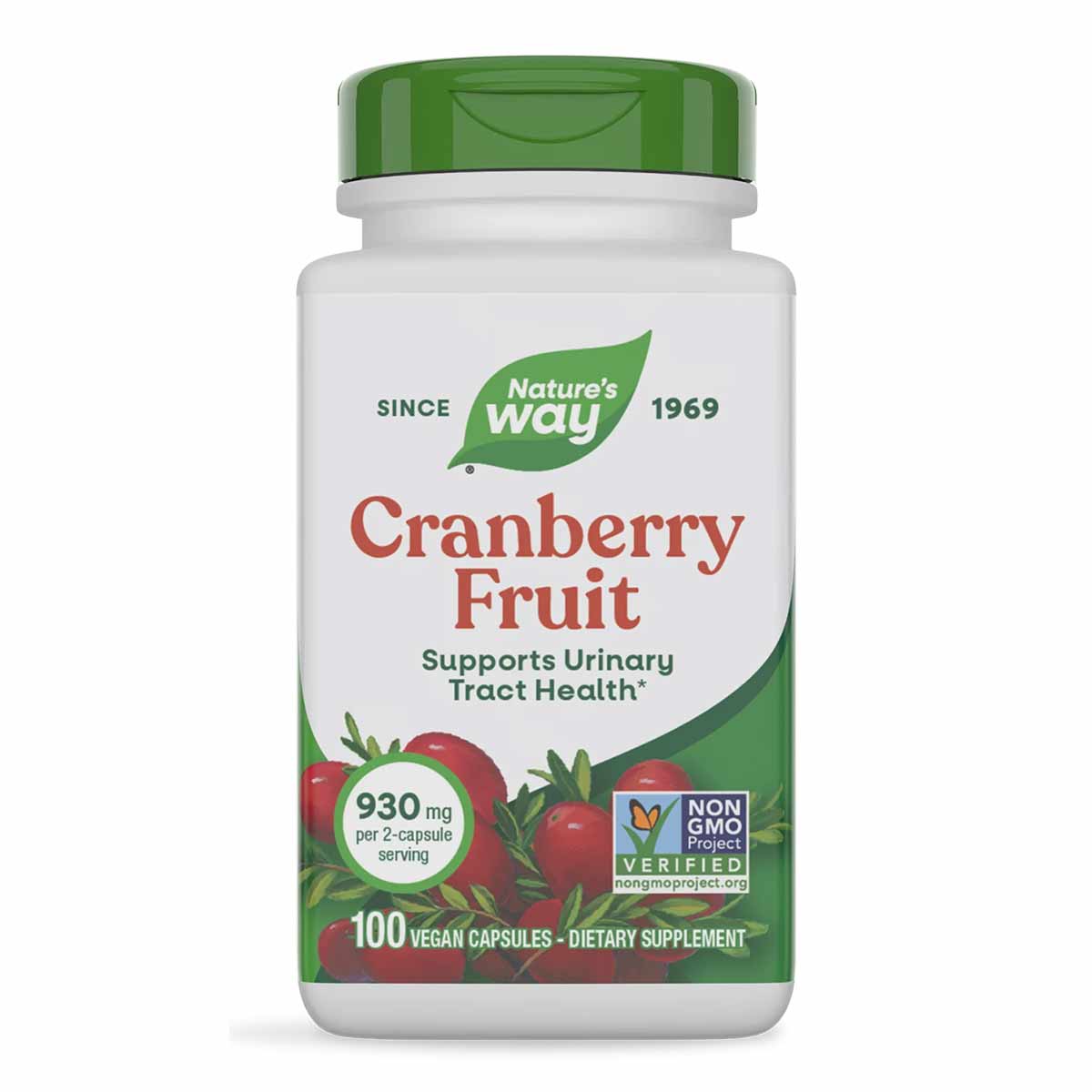 White and green bottle of Nature's Way Cranberry Fruit dietary supplement with green cap, containing 100 vegan capsules.