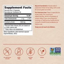 Supplement Facts label for Nature's Way Cranberry Fruit capsules showing 930mg per serving with usage recommendations and ing