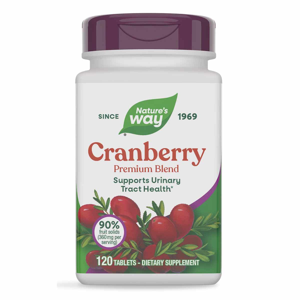 Nature's Way Cranberry Premium Blend supplement bottle with purple cap containing 120 tablets.