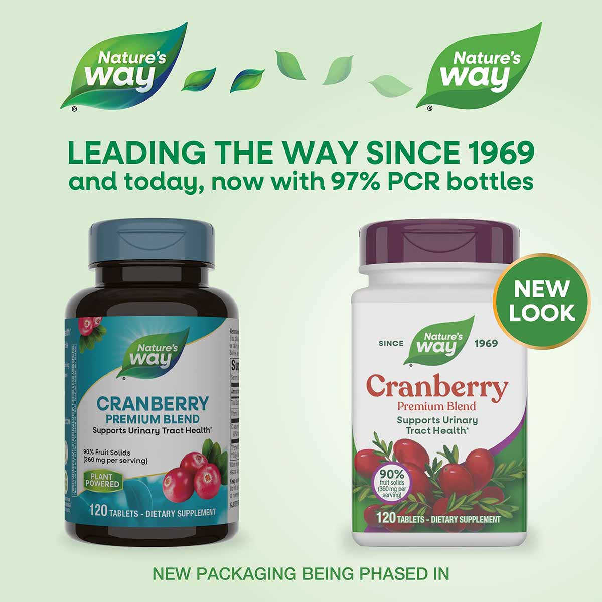 Two Nature's Way Cranberry Premium Blend supplement bottles, one dark glass and one white plastic, each containing 120 tablet