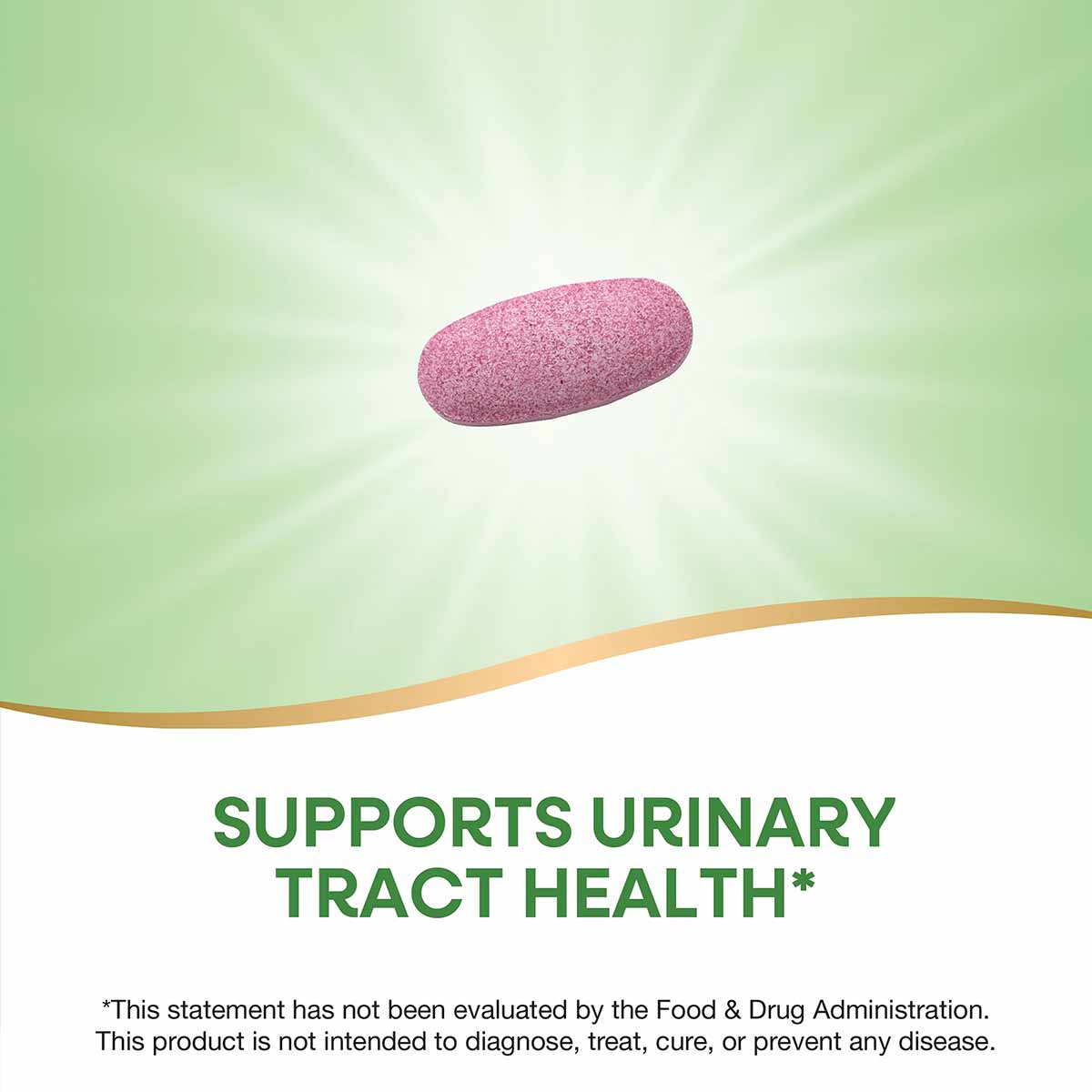 Pink oval capsule supplement on green and white background with text stating "supports urinary tract health."