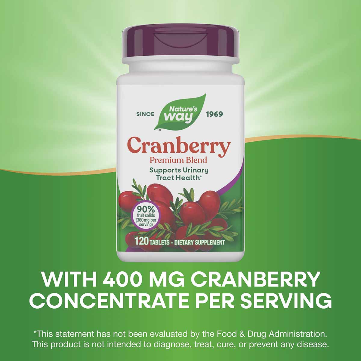 Nature's Way Cranberry Premium Blend bottle with purple cap and label showing 120 tablets on green background.