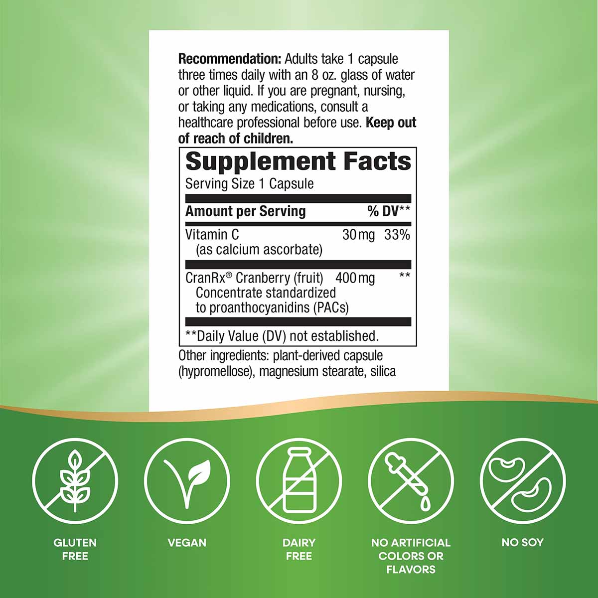Supplement Facts label showing cranberry capsule dosage of 400mg CranRx concentrate with vitamin C, on green background with 