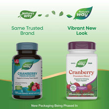 Two Nature's Way Cranberry Premium Blend supplement bottles side-by-side, showing old dark blue packaging and new white packa