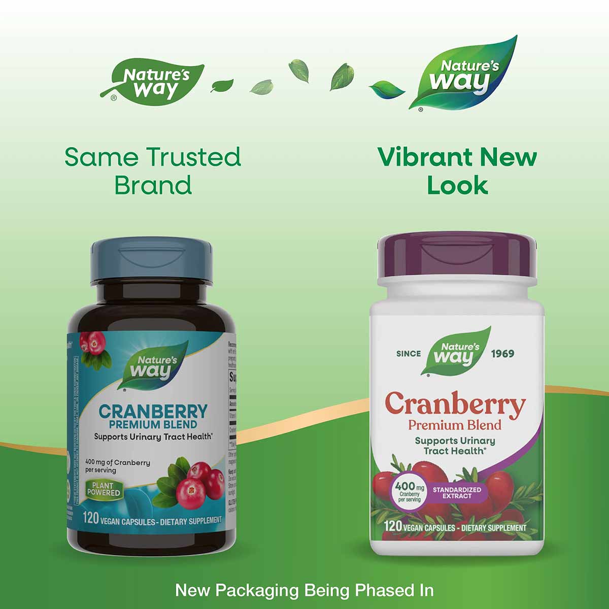 Two Nature's Way Cranberry Premium Blend supplement bottles side-by-side, showing old dark blue packaging and new white packa