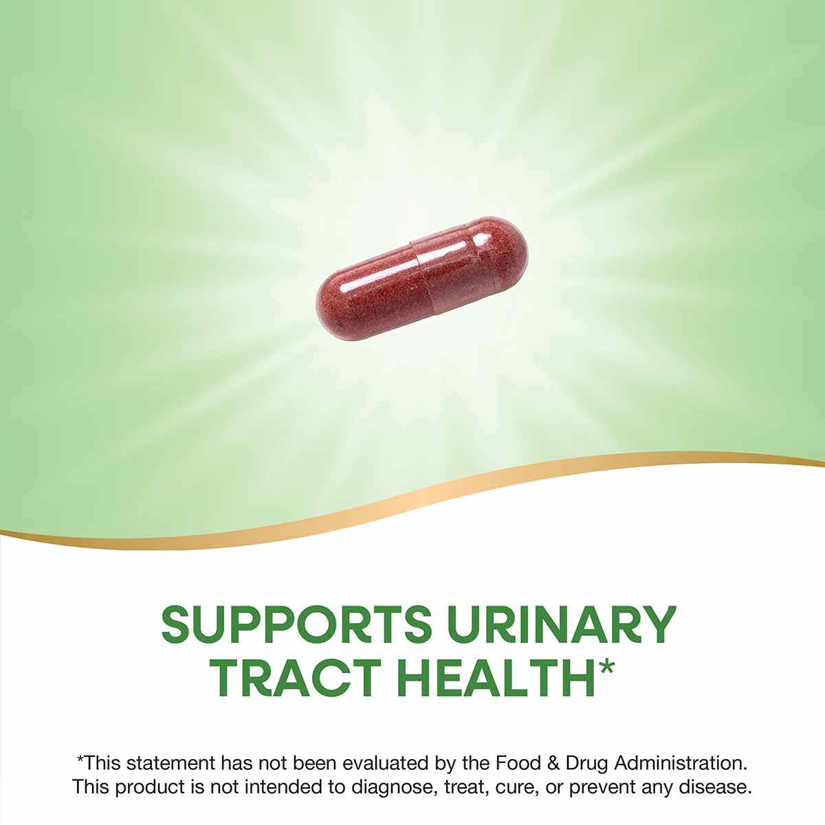 Red cranberry capsule displayed against a light green background with radiating light effect.