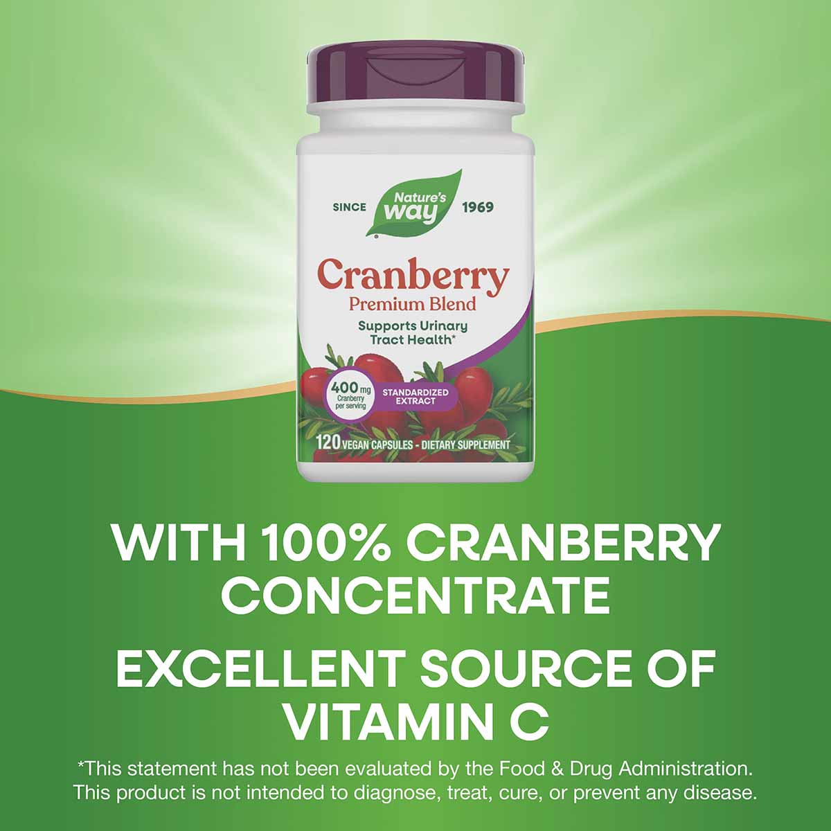 Nature's Way Cranberry Premium Blend bottle with purple cap containing 120 vegan capsules on green background.