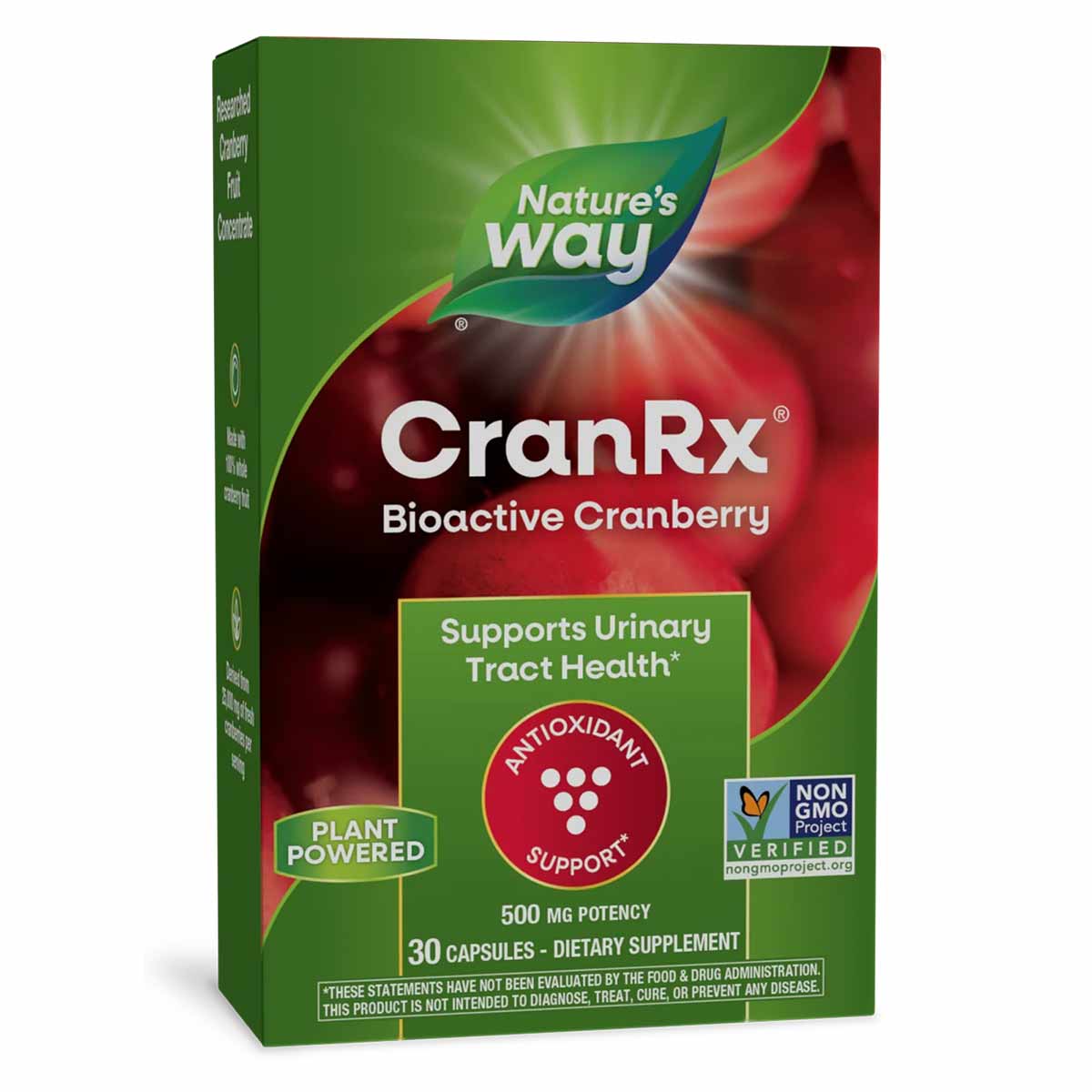 Nature's Way CranRx Bioactive Cranberry supplement bottle with green and red packaging, 30 capsules, 500mg potency.