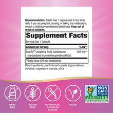 Supplement facts label for CranRx BioActive Cranberry capsules showing 500mg serving size, with dairy-free, gluten-free, vega