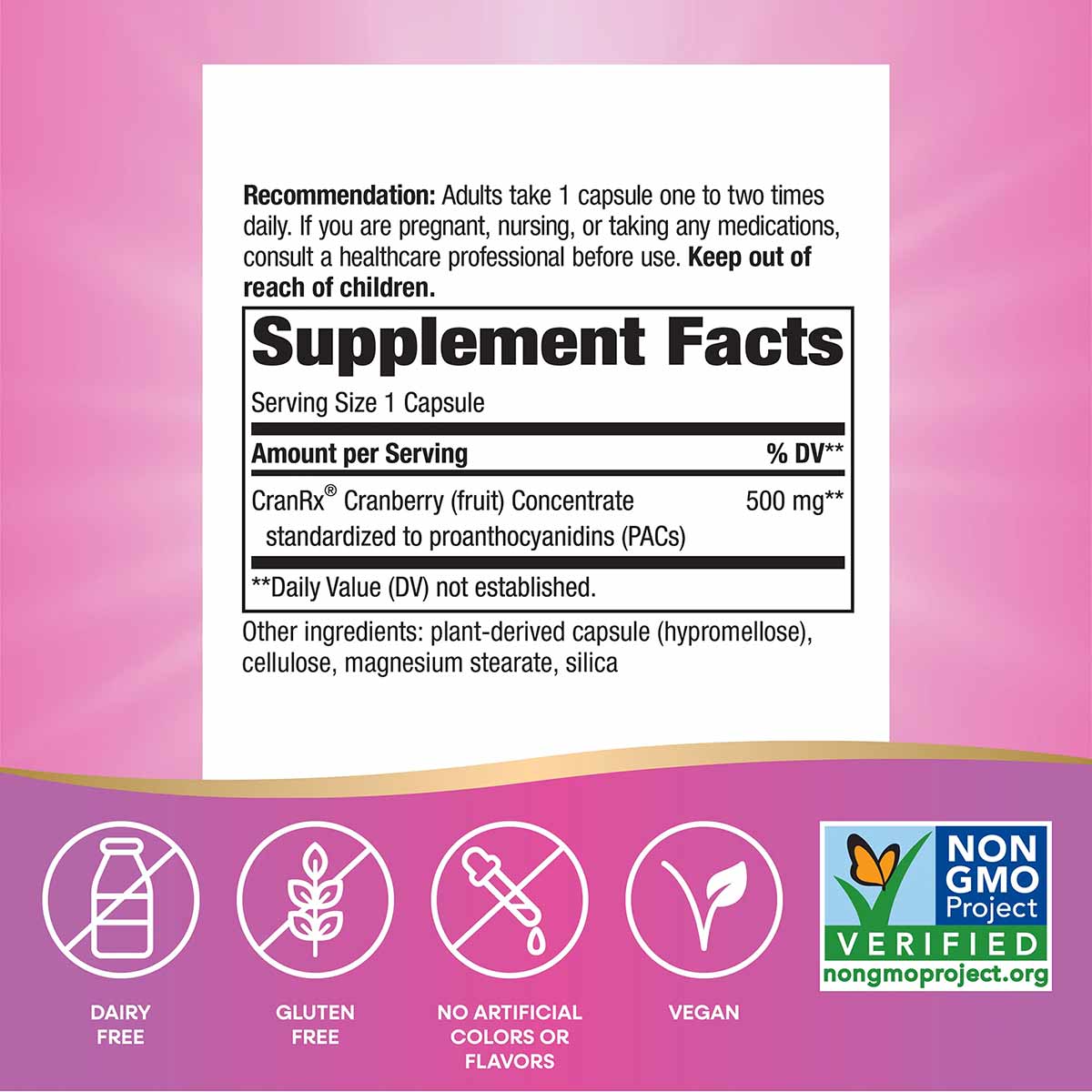 Supplement facts label for CranRx BioActive Cranberry capsules showing 500mg serving size, with dairy-free, gluten-free, vega