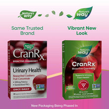 CranRx BioActive Cranberry supplement bottles showing old packaging on left and new redesigned packaging on right.