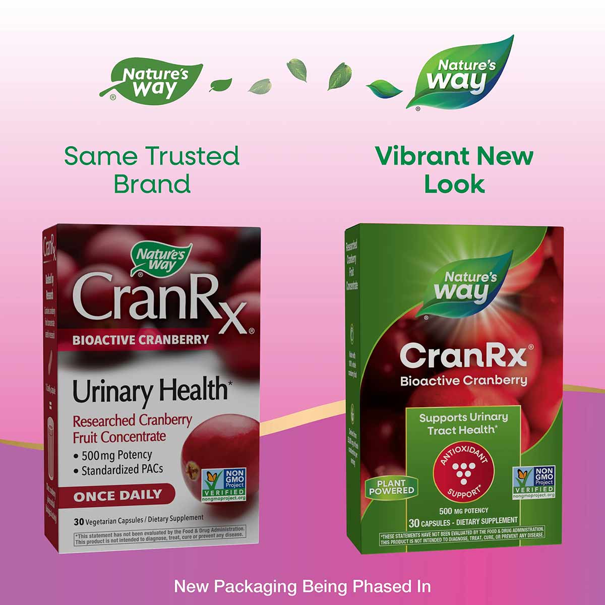 CranRx BioActive Cranberry supplement bottles showing old packaging on left and new redesigned packaging on right.