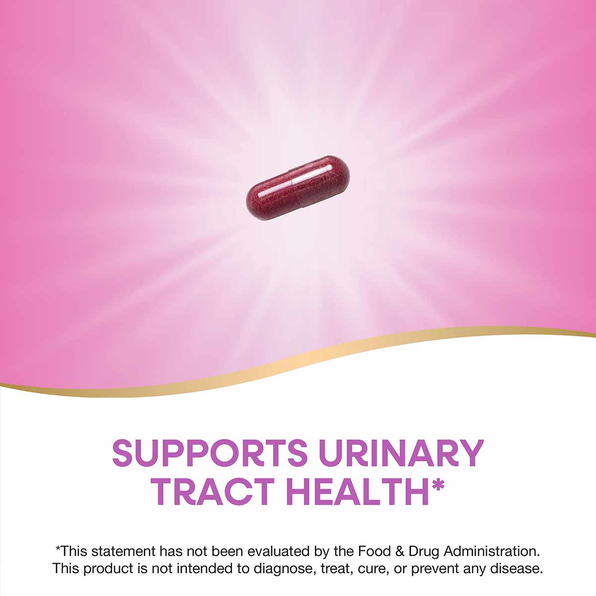 Dark red cranberry supplement capsule on pink background with gold wave design.