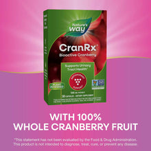 Nature's Way CranRx BioActive Cranberry supplement bottle with 30 capsules, 500 mg potency, against pink background.