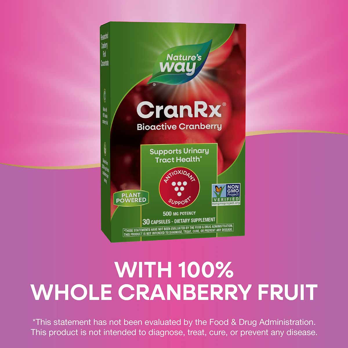 Nature's Way CranRx BioActive Cranberry supplement bottle with 30 capsules, 500 mg potency, against pink background.