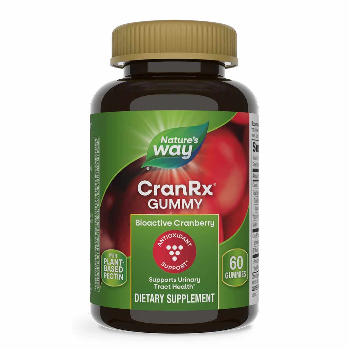 Dark glass bottle with gold ribbed cap containing CranRx Gummy dietary supplement with green and red label showing cranberrie