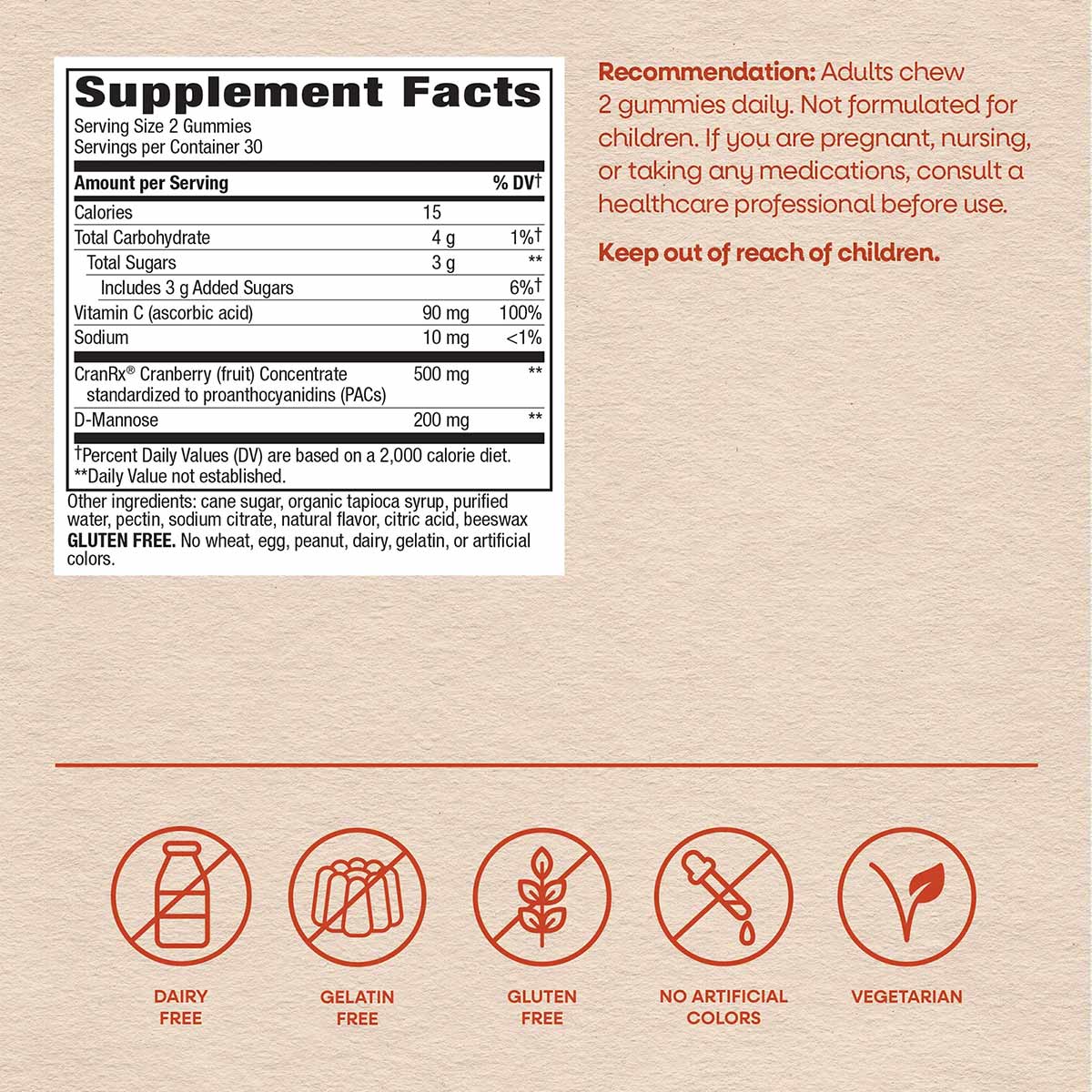 Supplement Facts label for CranRx Gummies showing nutritional information, ingredients, and dietary attribute icons including