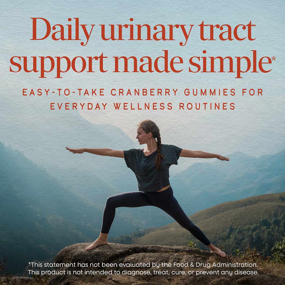 Woman in athletic wear in yoga pose on mountain overlook with text about cranberry gummies for urinary tract support.