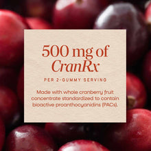 CranRx Gummies package label showing 500 mg dosage per 2-gummy serving, with cranberries in background.
