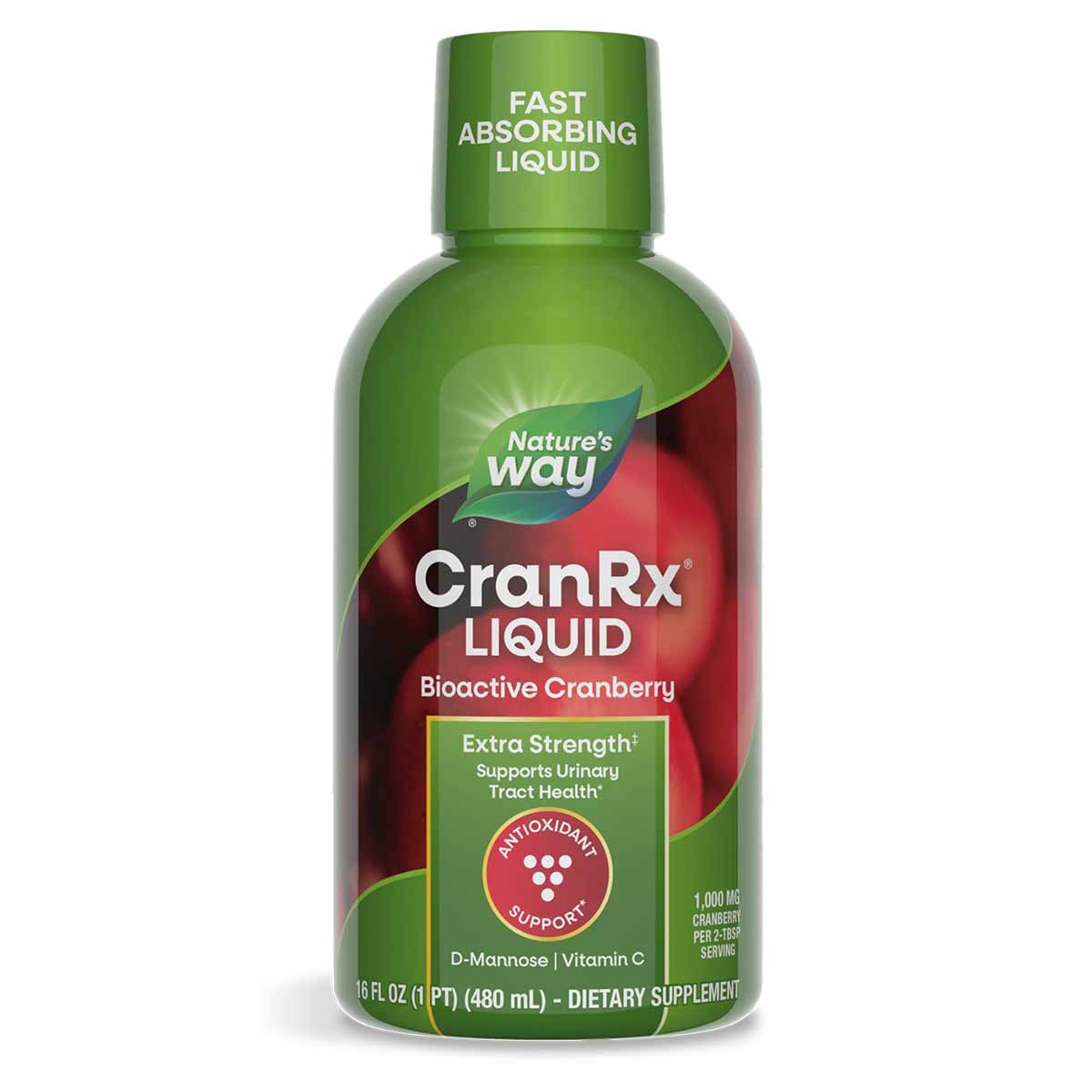 Green and red bottle of Nature's Way CranRx Liquid cranberry supplement, 16 fl oz, labeled as fast absorbing liquid.