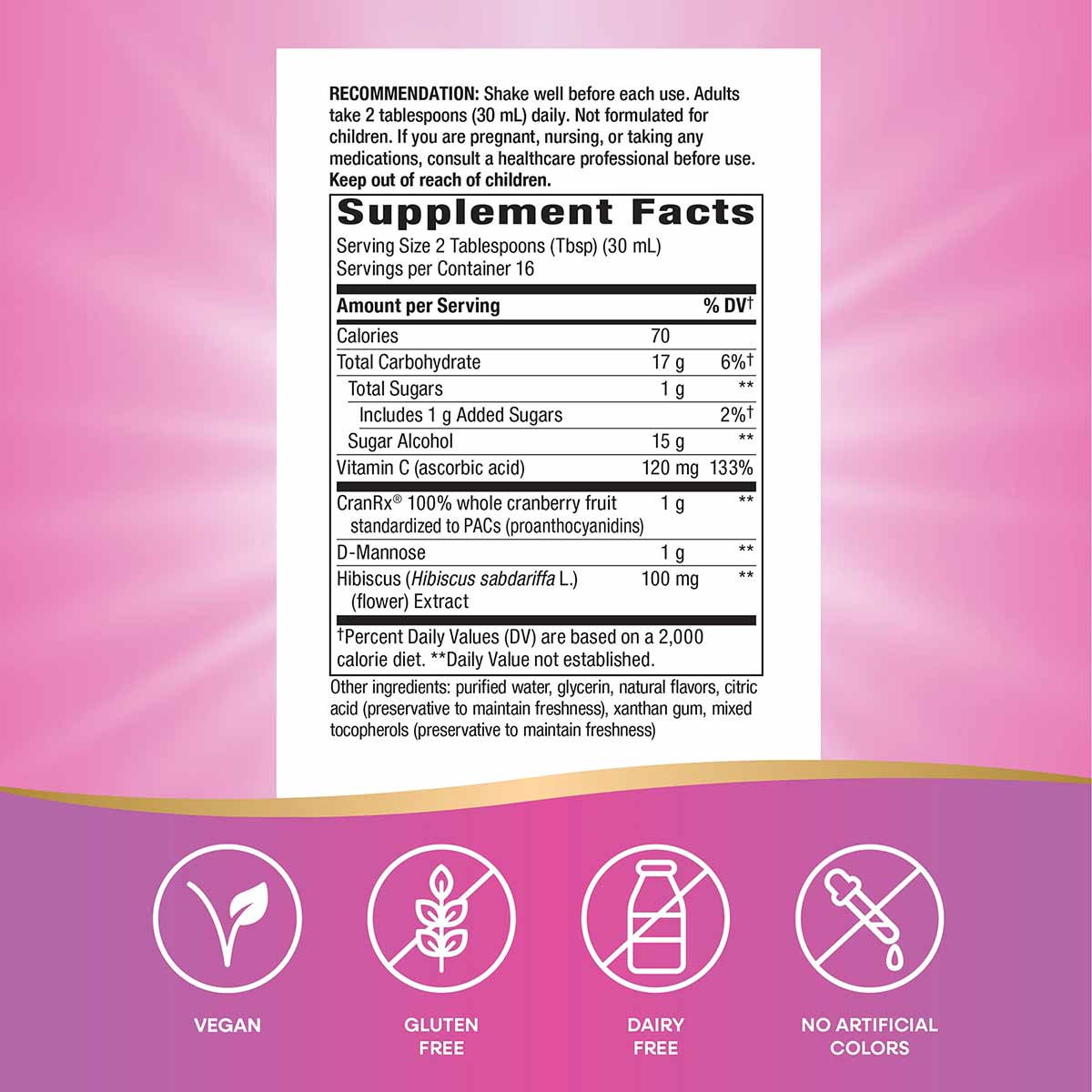 Supplement Facts label for CranRx Liquid showing dosage, ingredients including cranberry fruit and vitamin C, with vegan, glu