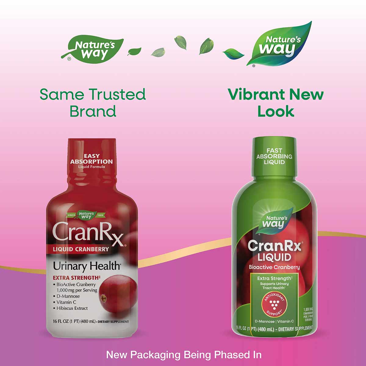 CranRx Liquid cranberry supplement bottles in red and green packaging showing old and new design labels.