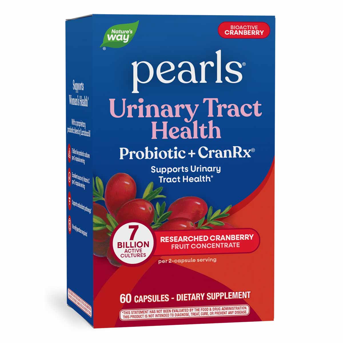Blue and red box of Pearls Urinary Tract Health Probiotic + CranRx dietary supplement with cranberry imagery, containing 60 c