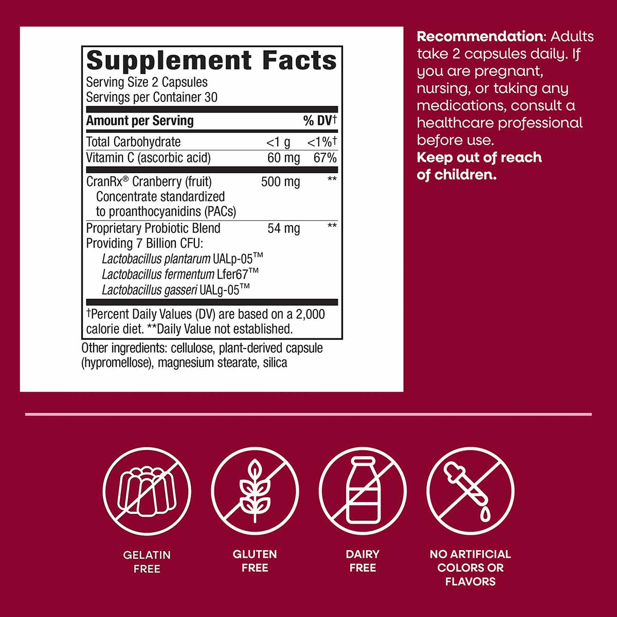 Supplement Facts label for Urinary Tract Health Probiotic with CranRx on burgundy background with allergen icons below.