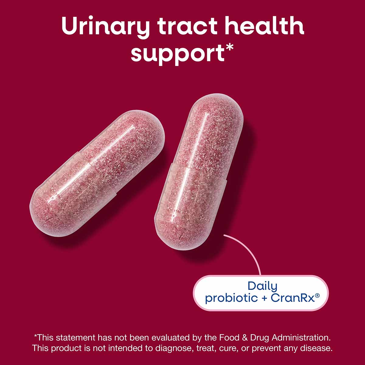 Two pink capsules on a burgundy background with text stating "Urinary tract health support" and "Daily probiotic + CranRx."