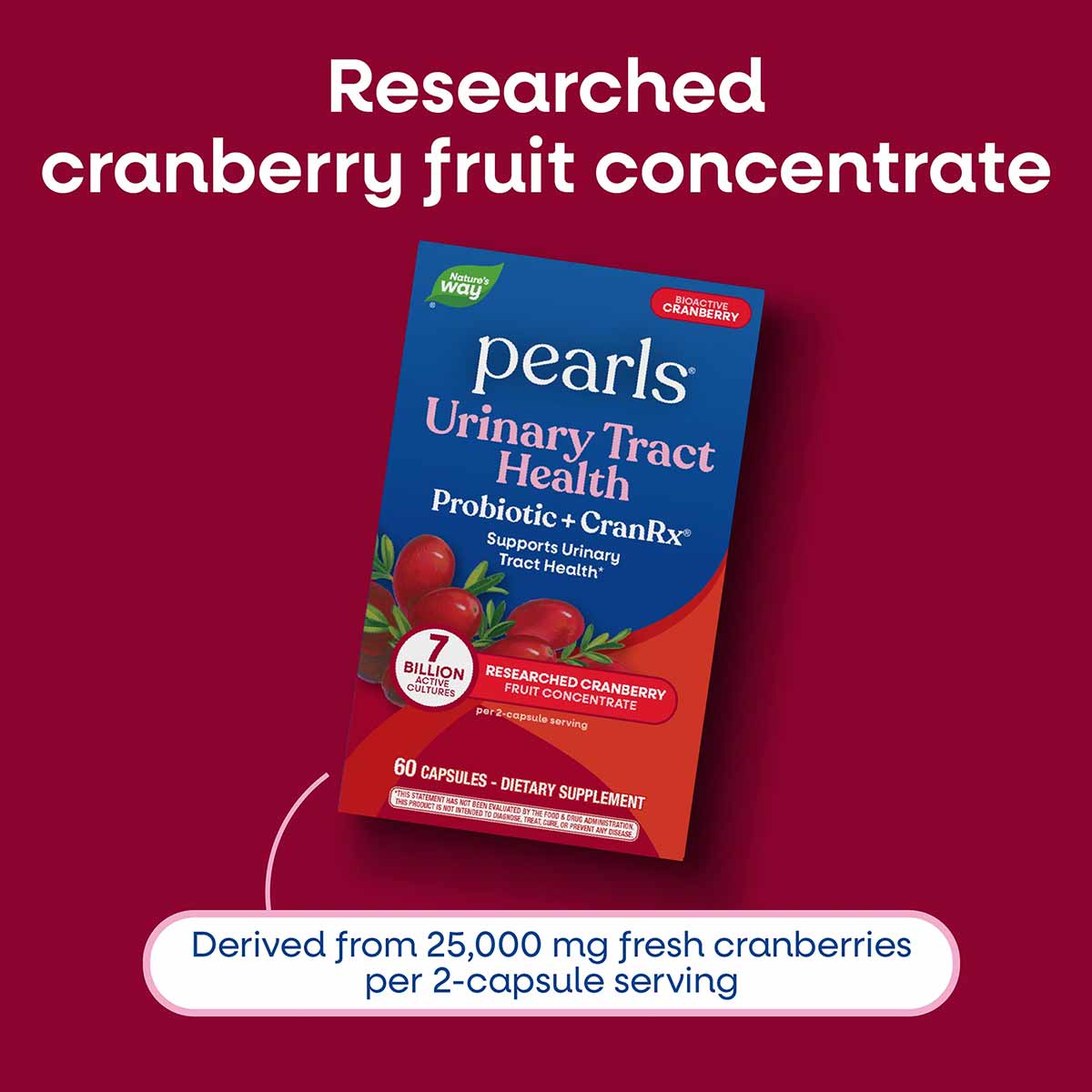 Pearls Urinary Tract Health Probiotic + CranRx supplement bottle with 60 capsules on burgundy background.