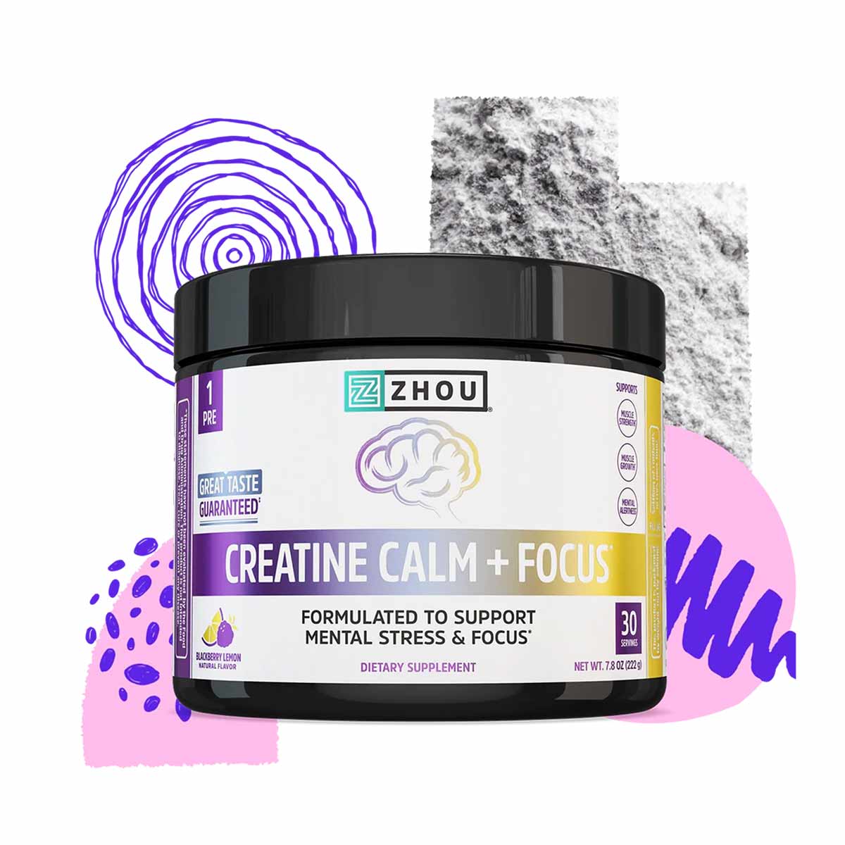 Zhou Nutrition Creatine Calm + Focus supplement powder in black container with purple and yellow label, 30 servings.