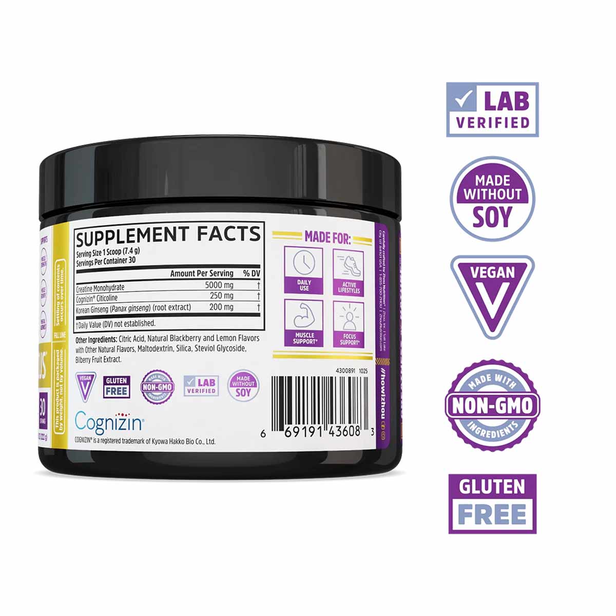 Black container of Zhou Nutrition Creatine Calm + Focus powder with yellow and purple label showing supplement facts and cert