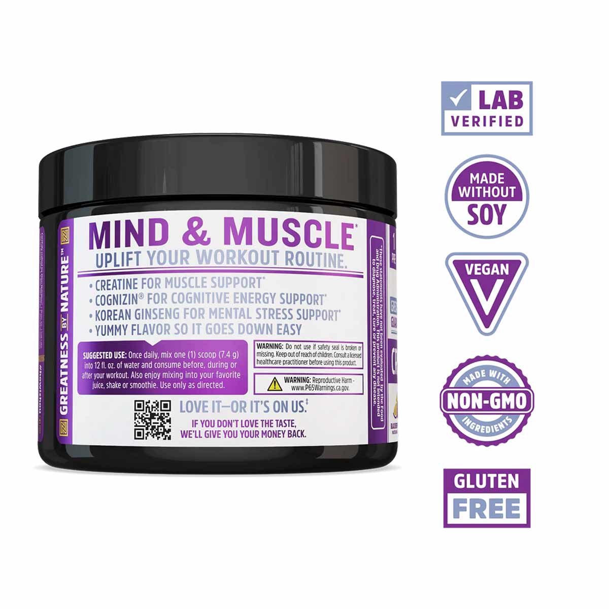 Black jar labeled "Mind & Muscle" with purple text containing creatine supplement powder, surrounded by certification badges.