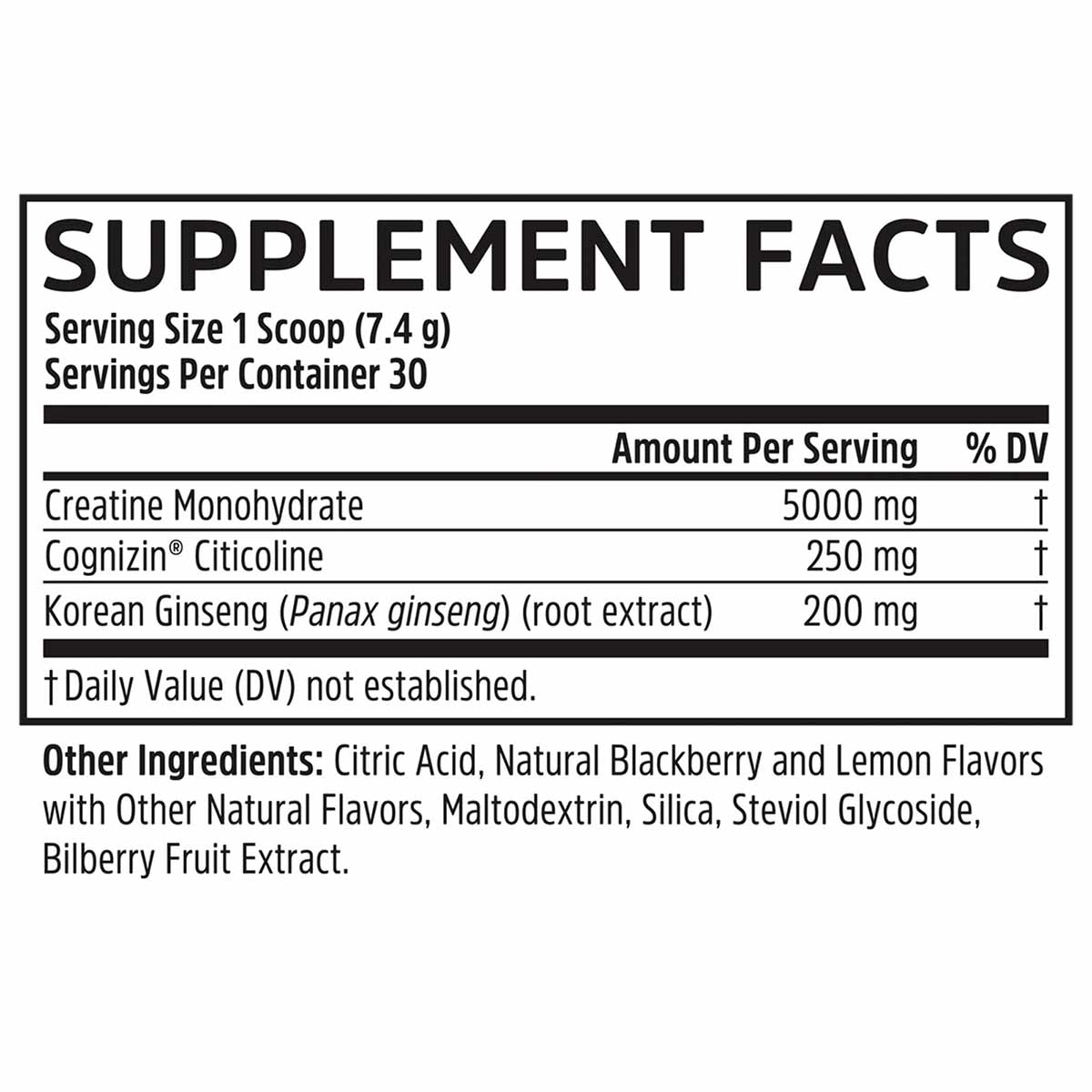 Supplement Facts label showing serving size of 1 scoop with 5000 mg creatine monohydrate, Cognizin Citicoline, and Korean Gin