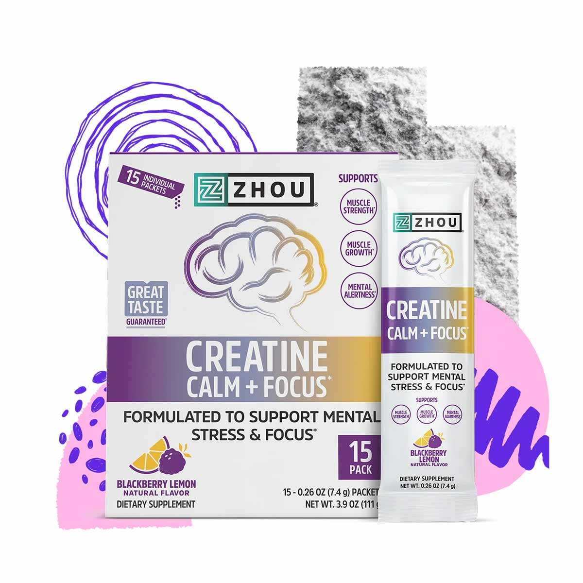 Zhou Nutrition Creatine Calm & Focus stick pack box and individual packet with blackberry lemon flavor labeling.