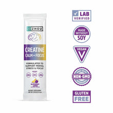 Zhou Nutrition Creatine Calm + Focus stick pack with blackberry lemon flavor, surrounded by certification badges including la